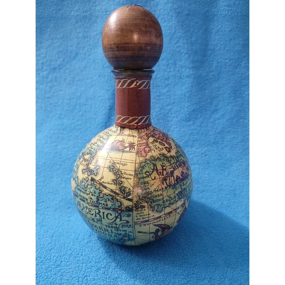 Vtg Decanter Italian Leather Wrapped Fausto Corduri World Map Globe Glass 1960's